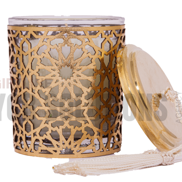 Bougie parfumée décorative à motif oriental doré avec couvercle