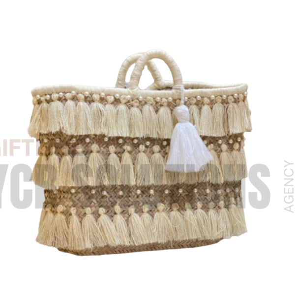 Panier cabas artisanal en paille avec franges & perles