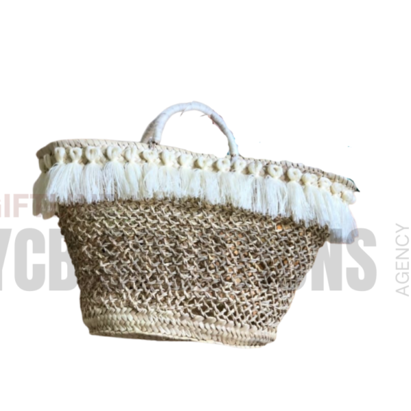 Panier cabas artisanal en paille avec franges blanches