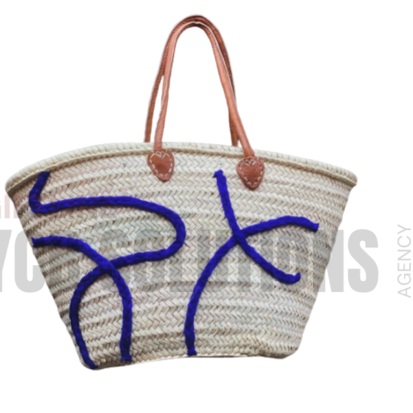 Panier Cabas Tressé Motif Graphique Bleu